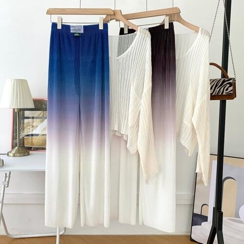 Casual Loose Thin off-Shoulder Knit Top Spring Autumn High Waisted Wide Legs Pants Gradient Pleated Trousers Two-Piece Set Women