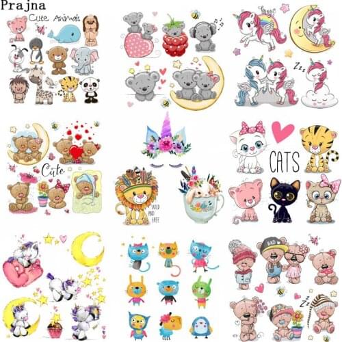Prajna Cartoon Unicorn Bear Heat Transfers Sticker Vinyl Badge For Kids Clothes Anime Elephant Whale Iron-On Transfers Cheaper F