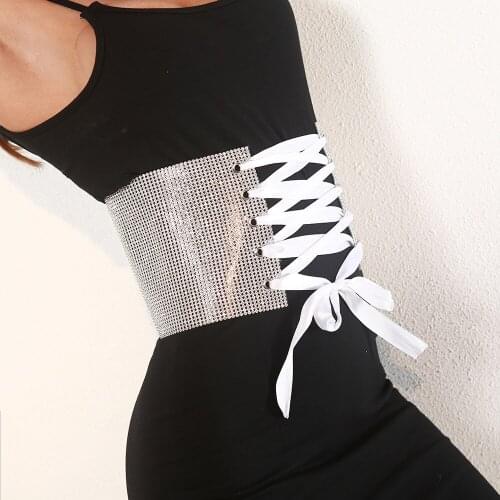 Adjustable Crystal Sequins Cummerbunds Women Rhinestones Belt Wide Womens Streetwear Lace Up Corset Waistbands