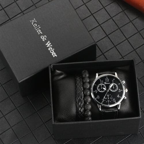2021 Luxury Gifts Sets for Men High Quality Quartz Watch Retro Black Bracelet Suits Leather Wristwatch for Brother Boyfriend Dad