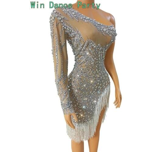 Luxury Evening Prom Rhinestone Tassel Perspective Dress Women Stretch Party Crystal Fringes Mini Dress Latin Dance Stage Costume