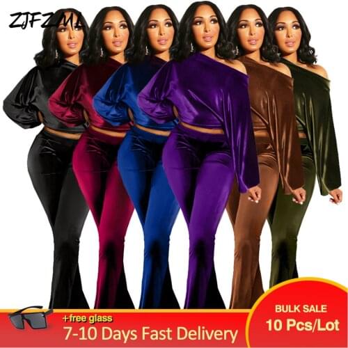 Bulk Items Wholesale Lots Womens Tracksuit Velvet Velour Warm Clothes Skew Collar Lantern Sleeve Crop Top Flare Trouser Outfit