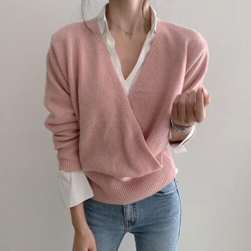 Beige Basic Womens Sweaters Pullovers Autumn Korean Style Fashion V-Neck Knit Sweater Winter Casual Long Sleeve Slim Top Female