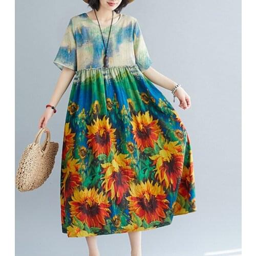 Thin Soft Tencel Chiffon Loose Summer Dress Print Floral Tye Dye Vintage Dress Short Sleeve Loose Women Beach Casual Midi Dress