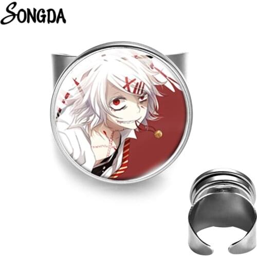 Vintage Anime Tokyo Ghoul Ring Cartoon Figures Glass Cabochon Resizable Opening Rings Cosplay Gift Handmade Jewelry Silver Color