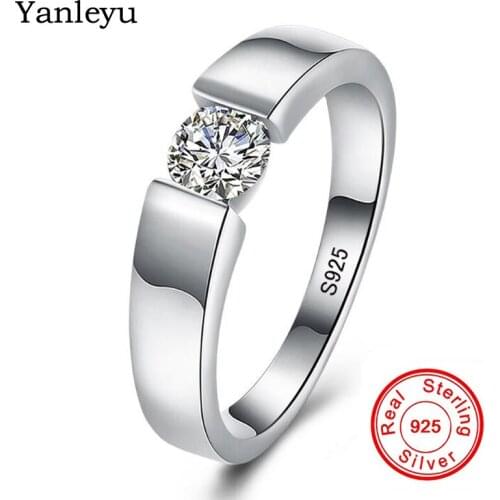 Yanleyu Original Solid 925 Sterling Silver Wedding Rings for Men and Women Round Cubic Zircon CZ Couple Ring Fine Jewelry PR121