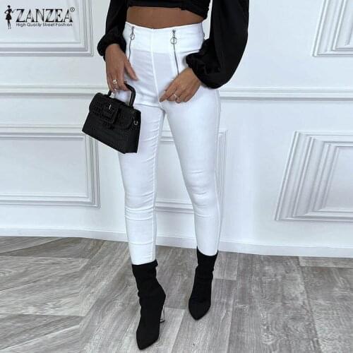 Womens Solid Bodycon Pencil Pants 2021 ZANZEA Skinny Pant Autumn High Waist Long Trousers Lady Casual Zipper Legging Pantalons