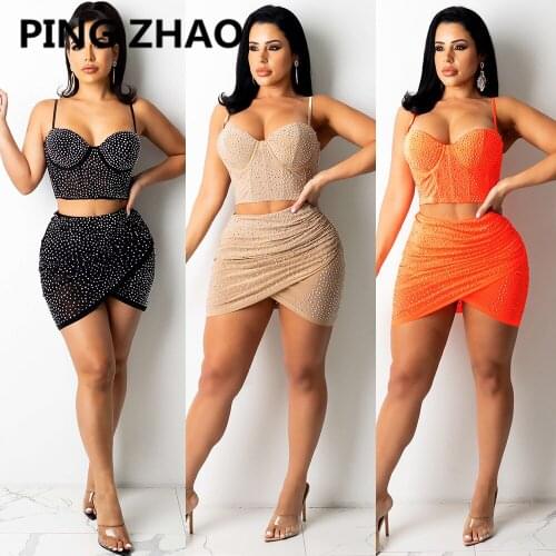 PING ZHAO Women Set Diamond Spaghetti Strap Crop Top & Bodycon Skirt Two Piece Set sexy Night Clubwear