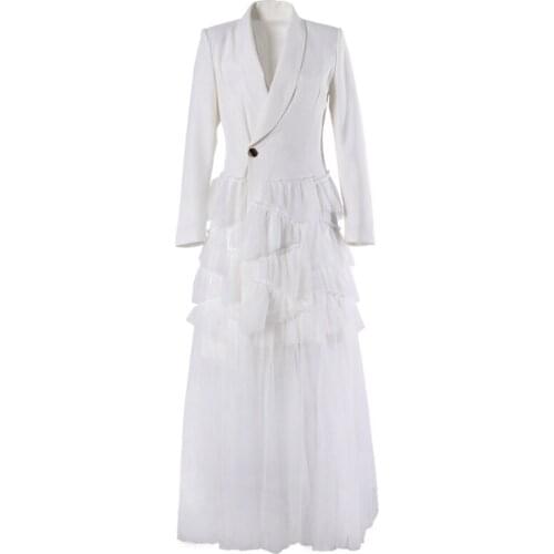 Celebrity Runway Black Cascading Ruffles Blazer Dress Party Women Tulle Mesh Vestidos Female Black Long Sleeve Maxi Dresses