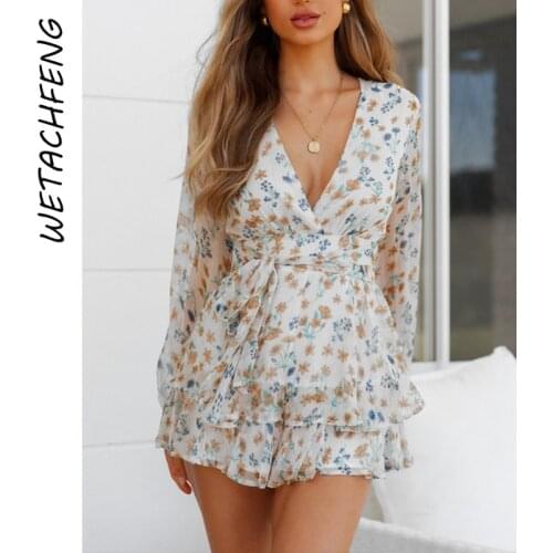 Fashion Shorts Playsuits Floral Sexy Ruffles White Long Sleeve Mini Dress Rompers Summer Beach Overalls Outfits Women Clothes