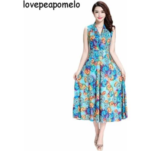 New Summer Dress Large Size Womens Costumes Vintage Print Chiffon Dress Chinese Style Floral Big Size Female Dress L-3XL J373