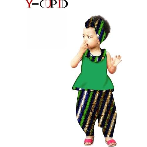 African clothes for kids Girls Ankara Print Ruffles Top + Pants + Headtie 3 Pieces Sets Bazin Riche Children Clothing S204030
