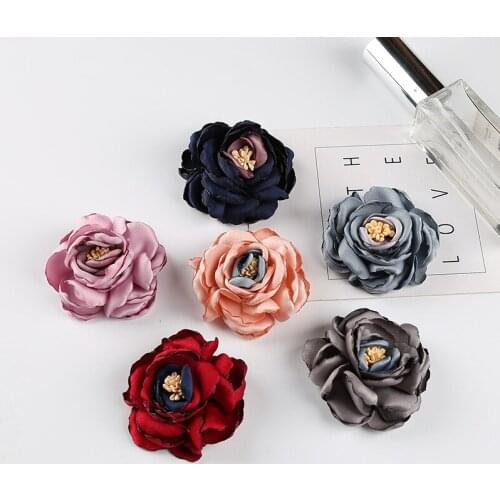 30pcs 6cm Burned Edge satin Flowers Girls Satin Rose Flower with stamen For Kids Hair Bow DIY Headband Girls Hair Accessories