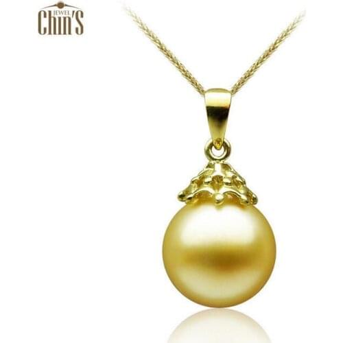 Free Shipping AAA 9-10mm Round Golden Real South Sea Cultured Pearl Pendant 18K Yellow Gold