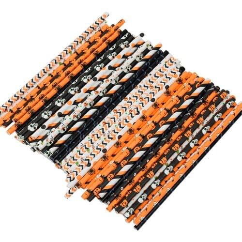 Biodegradable Disposable 100pcs Paper Straws Halloween Orange Black Skull Party Pastry Decoration Drink Straw Supplies