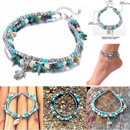 Boho Summer Beach Boheimia Turquoise Starfish Silver Beads Multi-layer Anklets Shell Turtle Pendant Foot Chain Seaside Souvenir