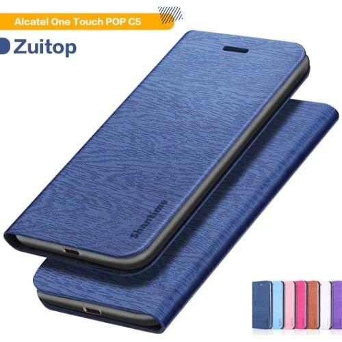 Wood grain PU Leather Phone Case For Alcatel One Touch POP C5 Flip Book Case Business Wallet Case Soft Silicone Back Cover