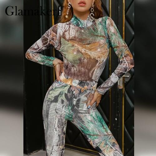 Glamaker Sexy vintage leaf printed women pants suits Fittness fashion retro bodysuit and Skinny pants legging slim suits 2021
