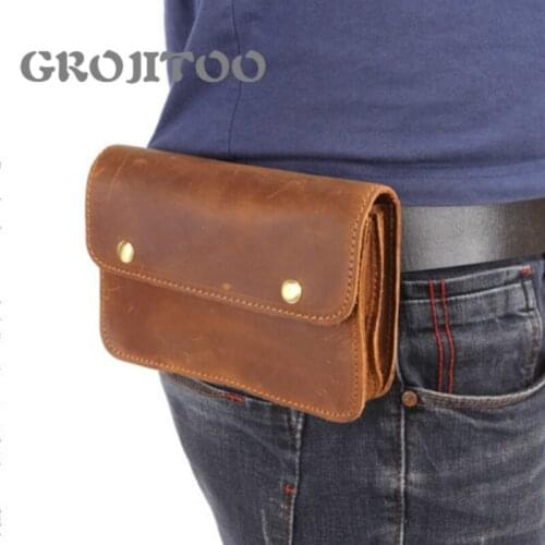 GROJITOO mobile phone waist bag three zipper bag cover top layer crazy horse leather leisure multifunctional belt bag