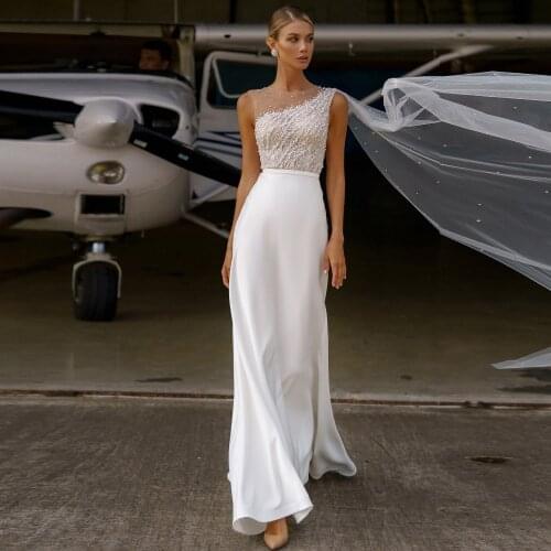 GY for Bride Pearls Women Clothing Party Gowns Custom Made Vestidos De Novia LD35 White Simple Sheath Wedding Dress