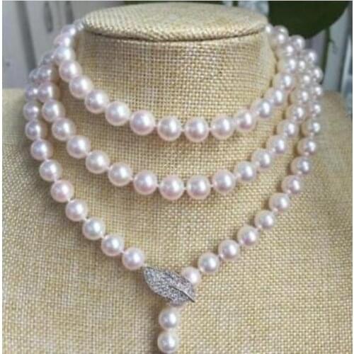 Gorgeous AAA 9-10mm round white pearl necklace 49 inch