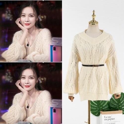 Kpop Korean Celebrity Autumn new loose knit warm Sweater Women Lantern Sleeve fashion V-neck Sweaters Pullovers Oversized tops
