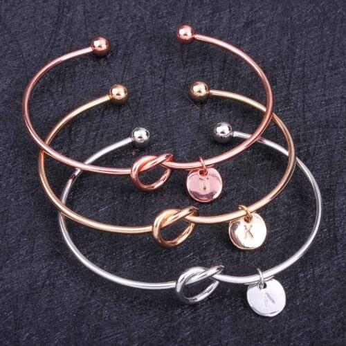 Coin 26 Letters A-Z Disc Initial Letter Lovely Knot Bangles Bracelet Bridesmaids Cuff Opening Bangle For Women Girl Jewelry