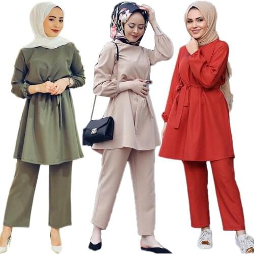 Muslim Women Set Long Sleeve Blouse Wide Leg Pants 2 Pieces Dress Abaya Turkish Kaftan Dubai Jilbab Casual Robe Islamic Clothing