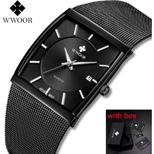 WWOOR Luxury Top Brand Men Quartz Watch Square Male Date Clocks Stainless Steel Mesh Straps Sports Watches Gift montre homme #a