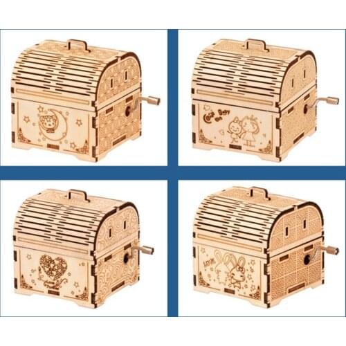 Music Box Hand Crank 3D Carved Cut Wood Treasure Box Educational Toy