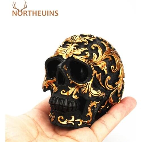 NORTHEUINS Resin Carved Skeleton Skull Statues Miniture Golden Sculpture Desktop Decoration Figurines for Interior Home Decor