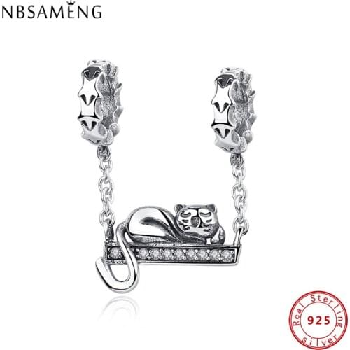 925 Sterling Silver Charms Beads Fit Original Bracelets Cute Cat Lying Swing Clear CZ Charms Women Diy Jewelry
