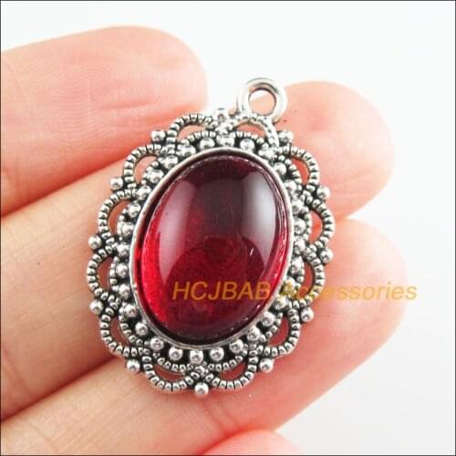 Fashion 3 New Oval Charms Red Glaze Flower Pendants Tibetan Silver Tone 22x32mm