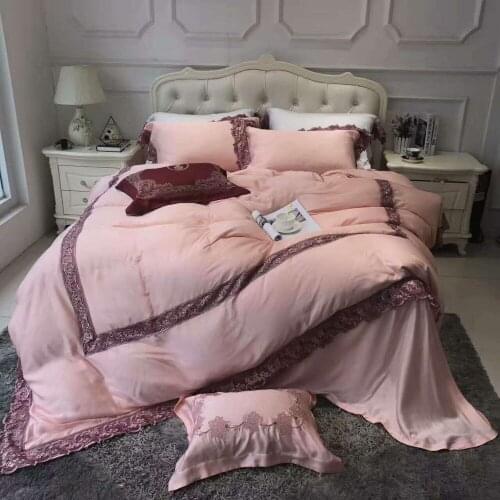 Luxury 4pcs 120S Pink Purple Lace Egyptian cotton Royal Bedding set Queen King Wedding Duvet cover Bed sheet set Pillowcase Red
