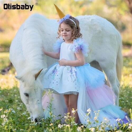 Christmas Fluffy Girl Princess Unicorn Dress Gorgeous Backless Long Tail Wedding Dress Kids Halloween Unicorn Cosplay Costume