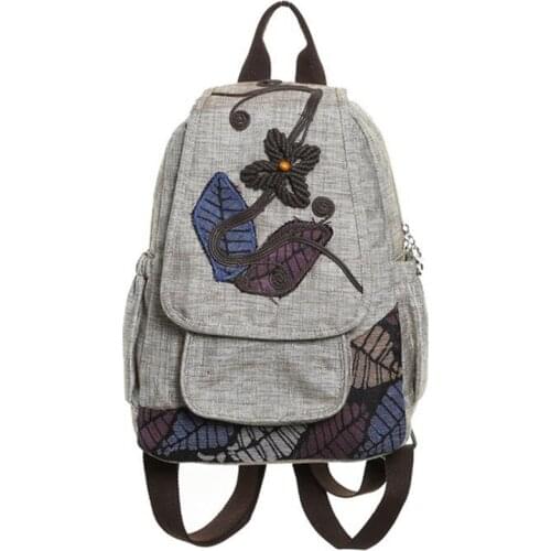 Retro Floral Leaf Embroidery Female Lady Backpack Ethnic Style Leaf Flower Beads Rucksack Student School Bag Girl
