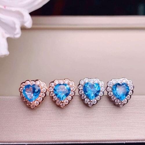 Clear blue topaz/red garnet stud earrings for girl silver jewelry birthday party anniversary gift natural gem heart style