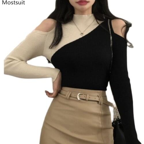 Spring Autumn Women Sweater Ladies Jumper Korean Sexy Half Turtleneck Patchwork Off Shoulder Long Sleeve Knitted Pullover Tops