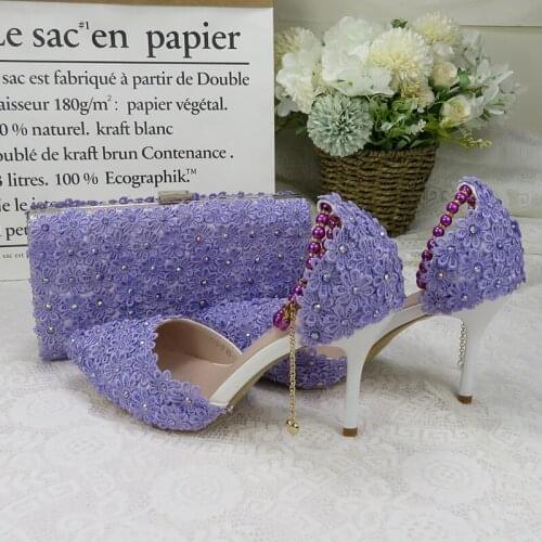 Violet Flower Wedding Shoes With Matching Bags High Heels Pointed Toe Beading Ankle Strap Ladies Party shoe and bag set Shoe