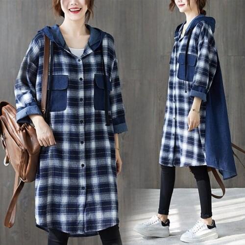 Retro Plaid Windbreaker Womens Mid-Length 2021 Autumn New Korean Large Size Fashion Denim Stitching Casual Hooded Jacket M394