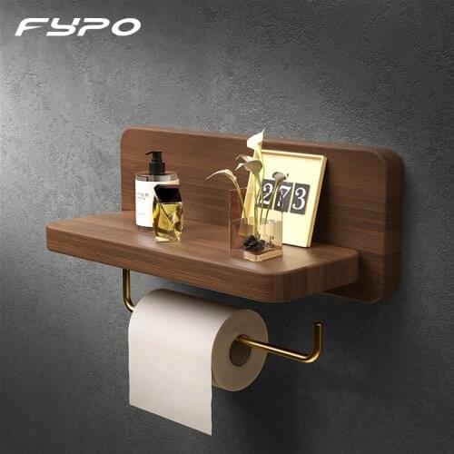 Fypo Brass Toilet Paper Holder Black Walnut Roll Paper Holder,Bathroom Hardware Shelf Wall Mounted Phone Holder Tissue Holder