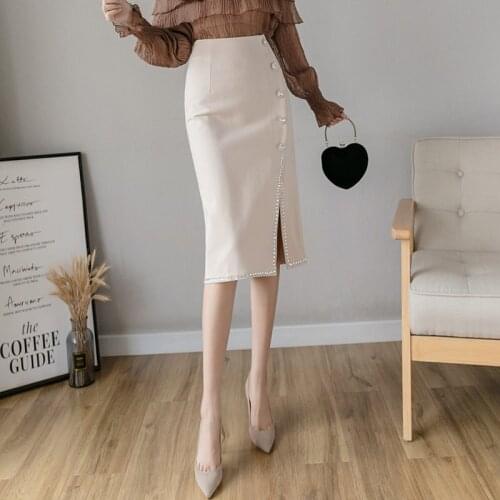Plus Size 5xl High Waist Split Straight Skirt Women Sexy Button Diamond Design Slim Hips Skirts Female OL Work Office Midi Skirt
