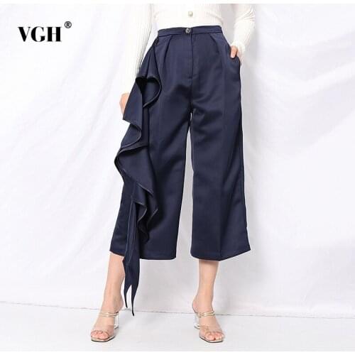 VGH Loose Patchwork Ruffle Wide Leg Pants For Women High Waist Asymmetrical Casual Trousers Female Fashion New Clothing 2021