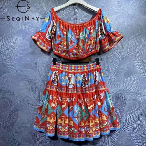 SEQINYY Sexy Suit Summer Spring New Fashion Design Women Runway Vintage Print Off Shoulder Crop Top + Mini Skirt 2 Pieces Set