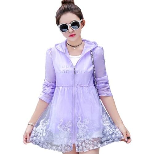 Fashion summer women sun protection clothing Hooded thin Windbreaker embroidery Lace tops students Thin trench coat female N384