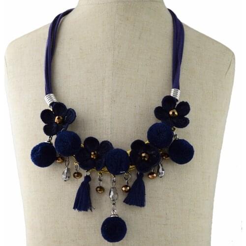 Bohemian Leather Chain Flower Ball Pom Pom Necklace Acrylic Thread Tassel Ball Bib Choker Necklace Statement for Women Jewelry
