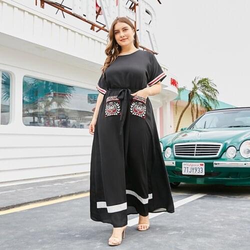 DOIB Black Large Size Dress Women Patchwork Emboridery Long Plus Size Bohemia Dresses Autumn Loose Casual Dress 4XL