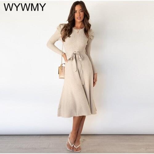 WYWMY Knitted Sweater Dresses For Women Autumn Winter 2021 New O-neck Long Sleeve A-line Solid Elegant Lady Party Midi Dress