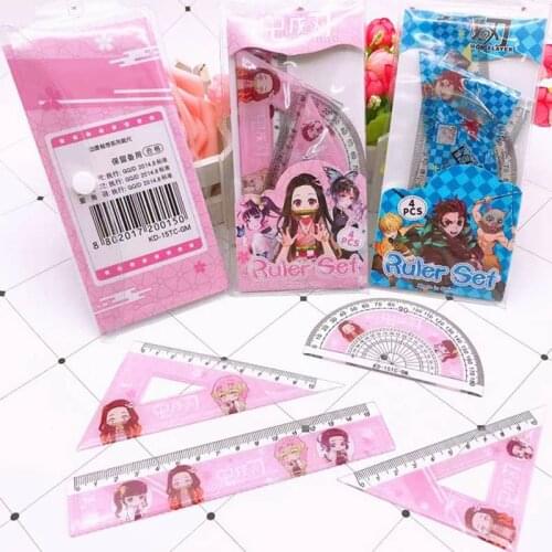 4Pcs/Set Anime Demon Slayer Kimetsu No Yaiba Kamado Tanjirou Nezuko Ruler Drawing Measurement Geometry Triangle Ruler Set gifts