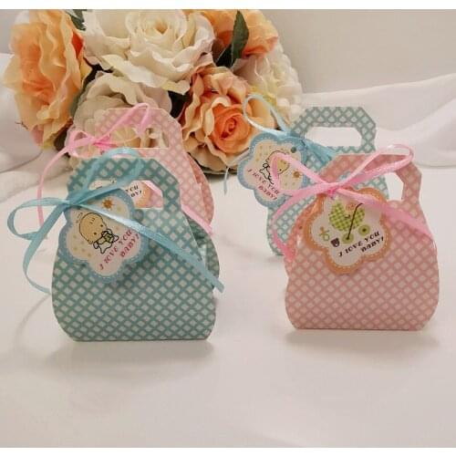 50Pcs Cute Blue Pink Dot Gift Boxes Paper Portable Candy Bag With Ribbon Wedding Favors Kids Shower Decoration Birthday Party